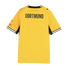 Back view of a yellow Borussia Dortmund soccer jersey with "DORTMUND" in black lettering and black-and-white striped trim.