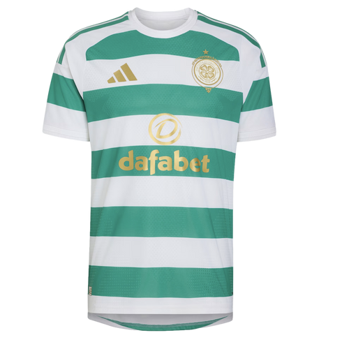 Celtic FC soccer jersey featuring green and white horizontal hoops, with gold Adidas logo, club crest, and 'dafabet' sponsor.