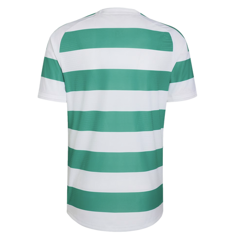 Back view of a short-sleeved football jersey featuring green and white horizontal stripes, or hoops. The top neck area and sleeve cuffs are white.