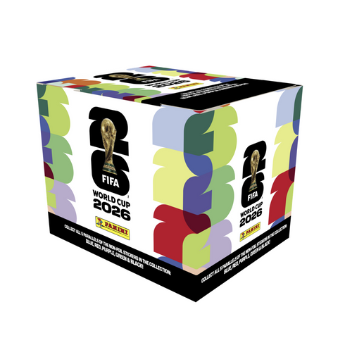 A square Panini sticker box for the FIFA World Cup 2026, featuring colorful graphic patterns and the official tournament logo with the World Cup trophy.