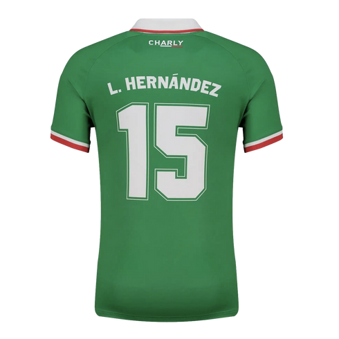 Back view of a green soccer jersey with "L. HERNÁNDEZ" and the number 15 in large white text. Features Charly branding and red, white, and green trim on the collar and sleeves.