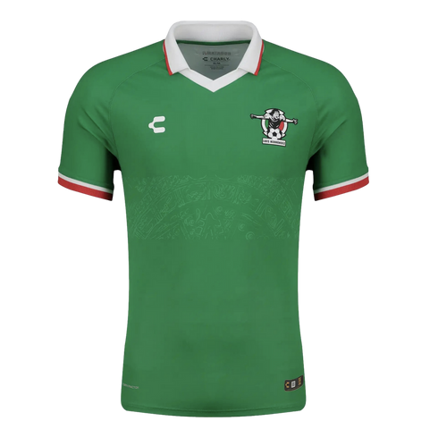 Green Charly soccer jersey with a white collar, red trim, and an embossed Aztec calendar pattern. It features a Luis Hernández crest on the chest.