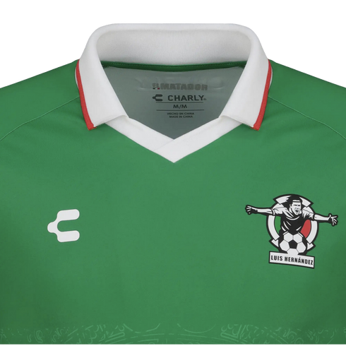 Green Charly soccer jersey with a white and red V-neck collar. Features a Charly logo on the right chest and a Luis Hernández graphic on the left.