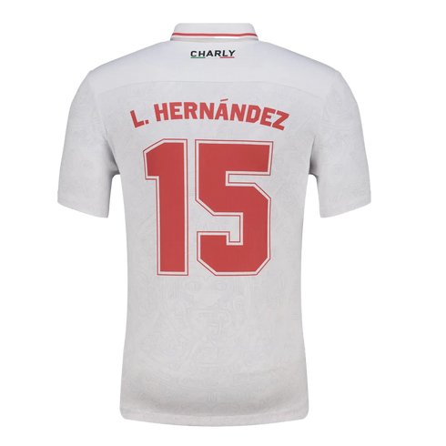 Back of a white soccer jersey with red lettering for "L. HERNÁNDEZ" and the number "15". A "CHARLY" logo is on the upper back.