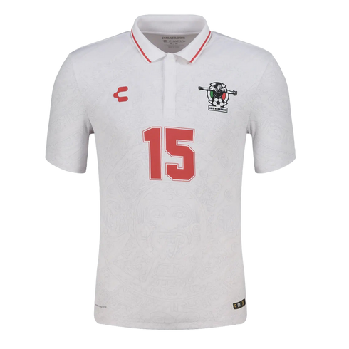 White Charly soccer polo with red number 15, a Luis Hernández crest, and a subtle embossed Aztec calendar pattern.