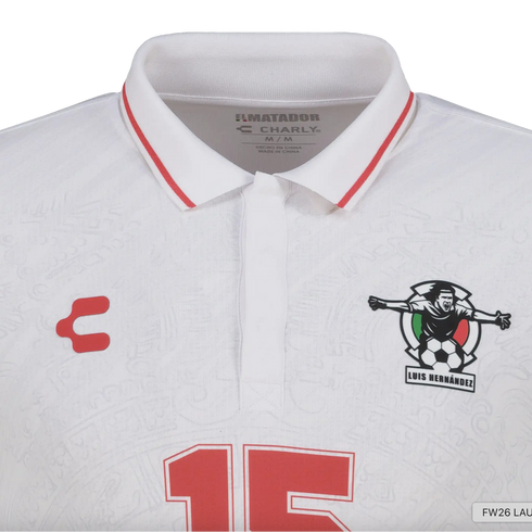 White Charly soccer jersey featuring a red number 15 and a Luis Hernández "El Matador" graphic crest. The white polo collar has a thin red stripe.