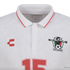 White Charly soccer jersey featuring a red number 15 and a Luis Hernández "El Matador" graphic crest. The white polo collar has a thin red stripe.