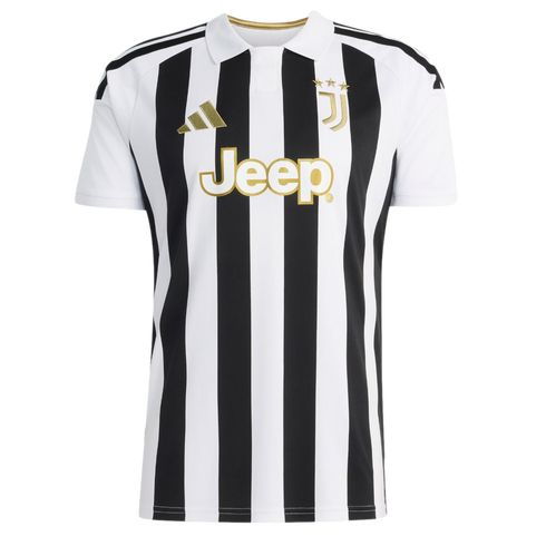 A Juventus home soccer jersey featuring black and white vertical stripes, gold Adidas and Jeep logos, and a white polo collar.