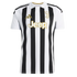 A Juventus home soccer jersey featuring black and white vertical stripes, gold Adidas and Jeep logos, and a white polo collar.
