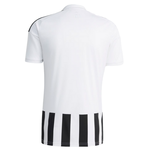 The back view of a white short-sleeved jersey with black vertical stripes at the bottom and black stripes on the shoulders.