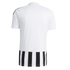The back view of a white short-sleeved jersey with black vertical stripes at the bottom and black stripes on the shoulders.