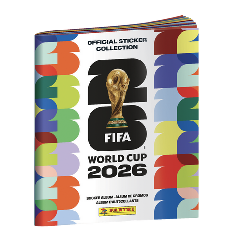 Panini sticker album for the FIFA World Cup 2026. The white cover features the gold trophy, the year 2026, and colorful patterned borders on each side.