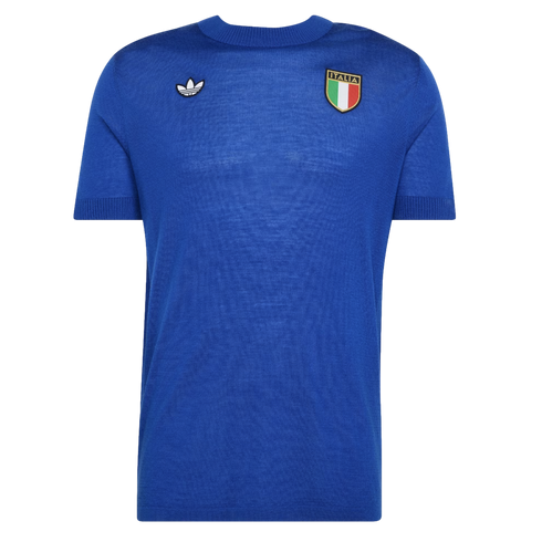 A royal blue knit short-sleeved shirt with a white Adidas logo on the right chest and an "Italia" shield crest on the left chest.