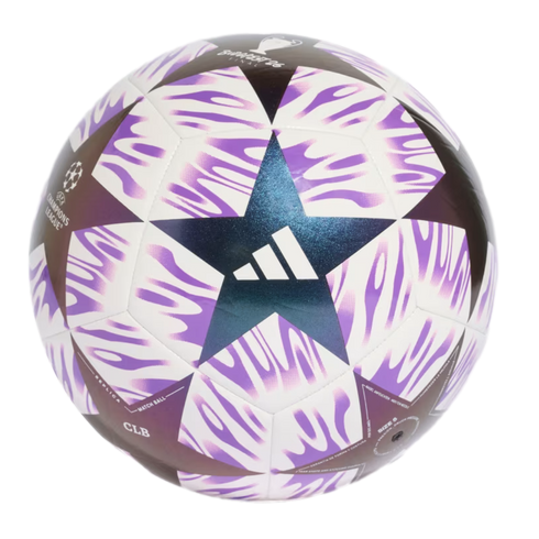 An Adidas UEFA Champions League Budapest 25 replica soccer ball with a white and purple wavy pattern and dark iridescent star-shaped panels.