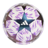 An Adidas UEFA Champions League Budapest 25 replica soccer ball with a white and purple wavy pattern and dark iridescent star-shaped panels.