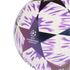 Close-up of a UEFA Champions League replica soccer ball with white, purple, and black star-patterned design.