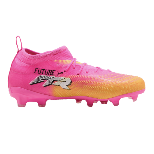A side profile of a Puma Future soccer cleat with a pink-to-orange gradient upper, pink studs, and black and white "FUTURE FTR" branding on a white background.