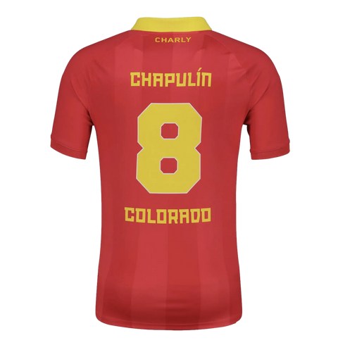 Back view of a red sports jersey with a yellow collar. It features yellow lettering: 'CHARLY' at the top, 'CHAPULÍN' above a large '8', and 'COLORADO' at the bottom.