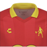 Close-up of a red soccer jersey with a yellow collar. It features a yellow silhouette of El Chapulín Colorado holding a mallet and the Charly brand logo on the chest.