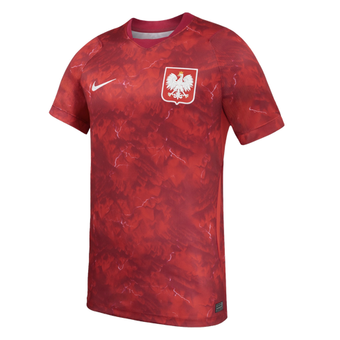 Red Nike Poland national team football jersey with a marbled pattern, featuring a white Nike swoosh and the Polish national crest on the chest.