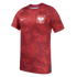 Red Nike Poland national team football jersey with a marbled pattern, featuring a white Nike swoosh and the Polish national crest on the chest.
