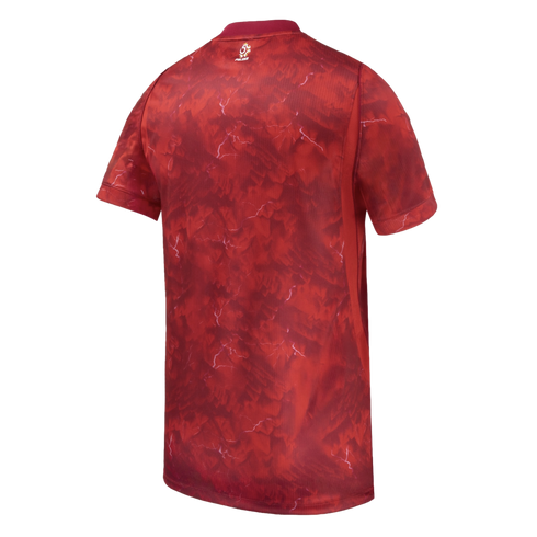 Back view of a red short-sleeved jersey with an abstract, mottled pattern and thin white lightning-like veins. A small logo sits below the collar.