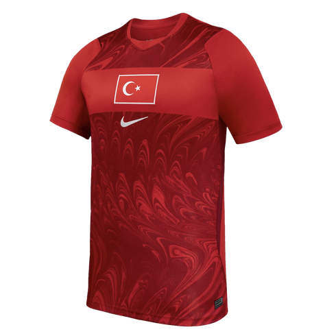 Red Nike Turkey national team soccer jersey featuring a marbled swirl pattern and the Turkish flag on the chest.