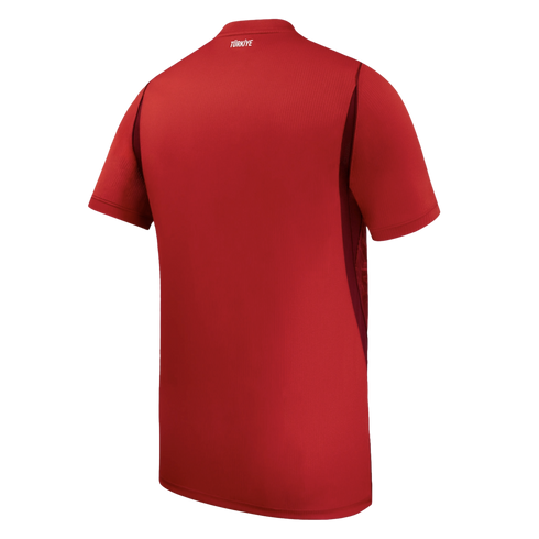 Back view of a red short-sleeved sports jersey with "TÜRKİYE" printed in white on the upper neck and dark red side panels.