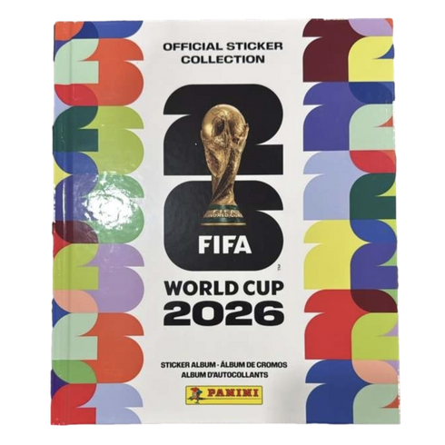 Front cover of the Panini 2026 FIFA World Cup Official Sticker Collection album, featuring the gold trophy over a large "26" with colorful patterned borders.