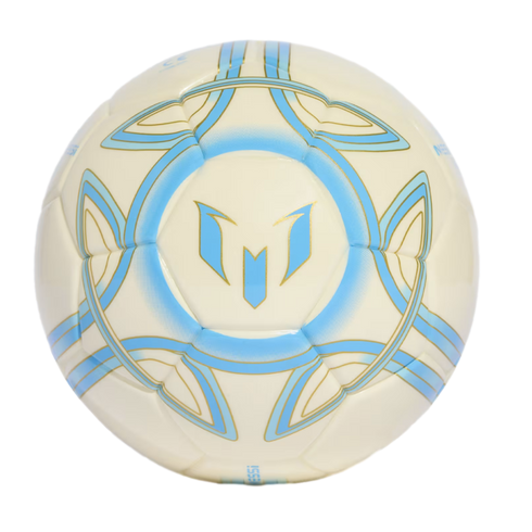 Cream-colored soccer ball decorated with light blue and gold geometric patterns and the Lionel Messi brand logo.