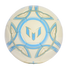Cream-colored soccer ball decorated with light blue and gold geometric patterns and the Lionel Messi brand logo.