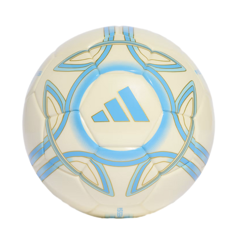 Off-white Adidas Messi soccer ball featuring light blue and gold graphic designs.