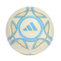 Off-white Adidas Messi soccer ball featuring light blue and gold graphic designs.