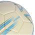 Close-up of an off-white soccer ball with blue and gold diagonal stripes and the name "MESSI" printed in blue.