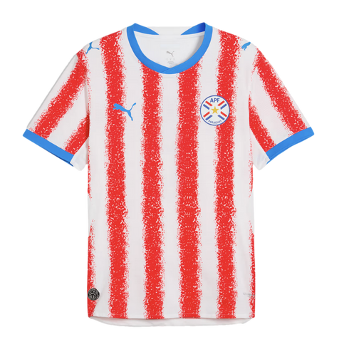 Paraguay national soccer team jersey by Puma featuring red and white textured vertical stripes with blue trim on the collar and sleeves.