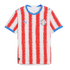 Paraguay national soccer team jersey by Puma featuring red and white textured vertical stripes with blue trim on the collar and sleeves.