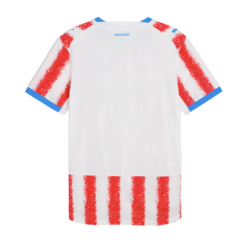 Back view of white Paraguay soccer jersey with red speckled stripes on sleeves and bottom, blue trim, and "PARAGUAY" printed on upper back.