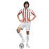 A man in a red and white striped Paraguay national team soccer uniform posing with a soccer ball against a white background.