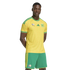 A man models the yellow and green Adidas South Africa national football team kit against a plain white background.