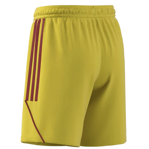Bright yellow athletic shorts with three maroon stripes and curved piping detail on the side.