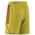 Bright yellow athletic shorts with three maroon stripes and curved piping detail on the side.