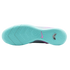 Bottom sole of a light blue Nike indoor soccer shoe, featuring a multi-textured tread pattern and a pink swoosh logo.
