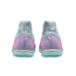 Rear view of two grey Nike Mercurial indoor soccer shoes with pink patterned heels and bright teal outsoles.