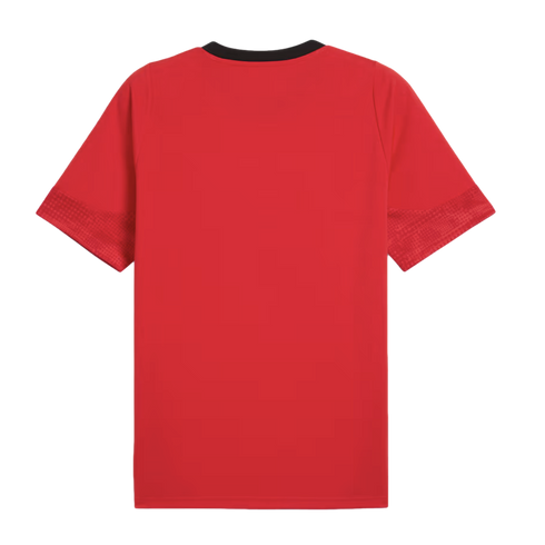 Back view of a short-sleeved red t-shirt featuring a black crew neck and textured sleeve bands, shown against a solid black background.