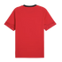 Back view of a short-sleeved red t-shirt featuring a black crew neck and textured sleeve bands, shown against a solid black background.