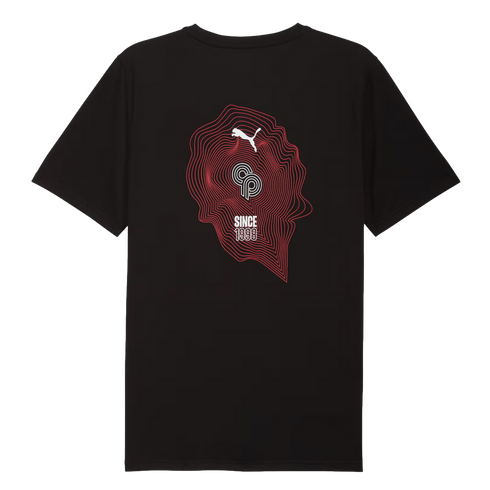 Black t-shirt with a back graphic of red topographical lines surrounding a white Puma logo, a stylized "CP" monogram, and the text "SINCE 1998".