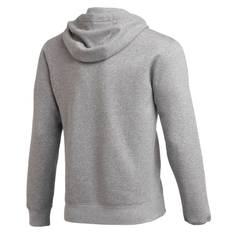 Rear view of a light gray heathered hoodie with ribbed cuffs and waistband, isolated on a black background.
