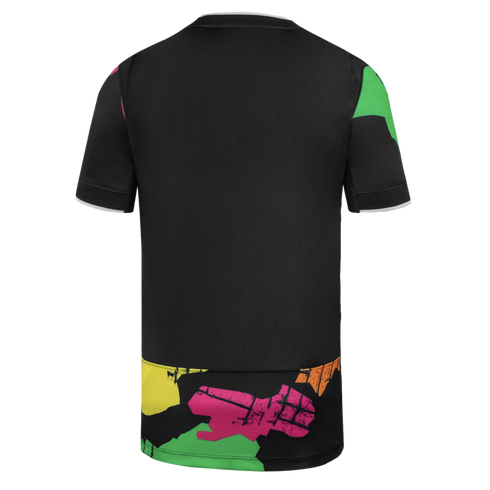 Back view of a black short-sleeve shirt featuring white-trimmed cuffs and bold, multi-colored abstract patterns along the lower hem and shoulders.