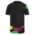 Back view of a black short-sleeve shirt featuring white-trimmed cuffs and bold, multi-colored abstract patterns along the lower hem and shoulders.