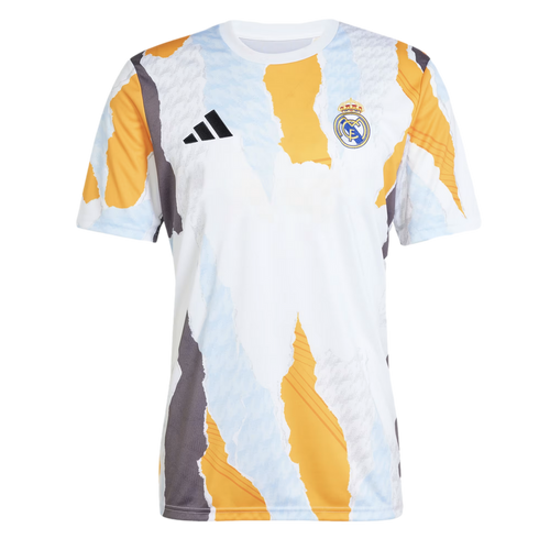 An Adidas Real Madrid pre-match soccer jersey featuring a white base with an abstract, jagged graphic pattern in yellow-orange, light blue, and grey.